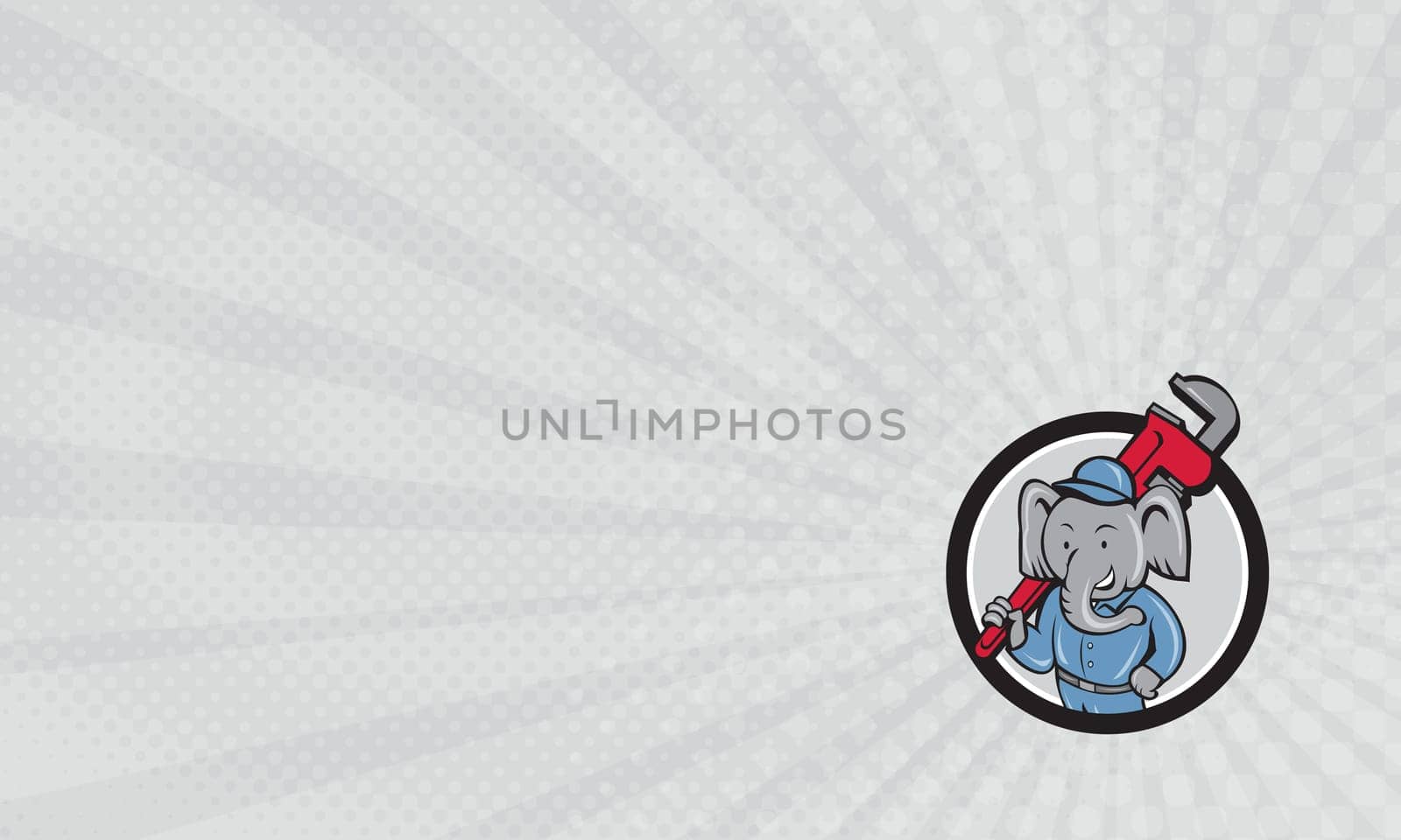 Business Card showing Illustration of an african elephant plumber mascot holding monkey wrench on shoulder set inside circle on isolated background done in cartoon style. ...