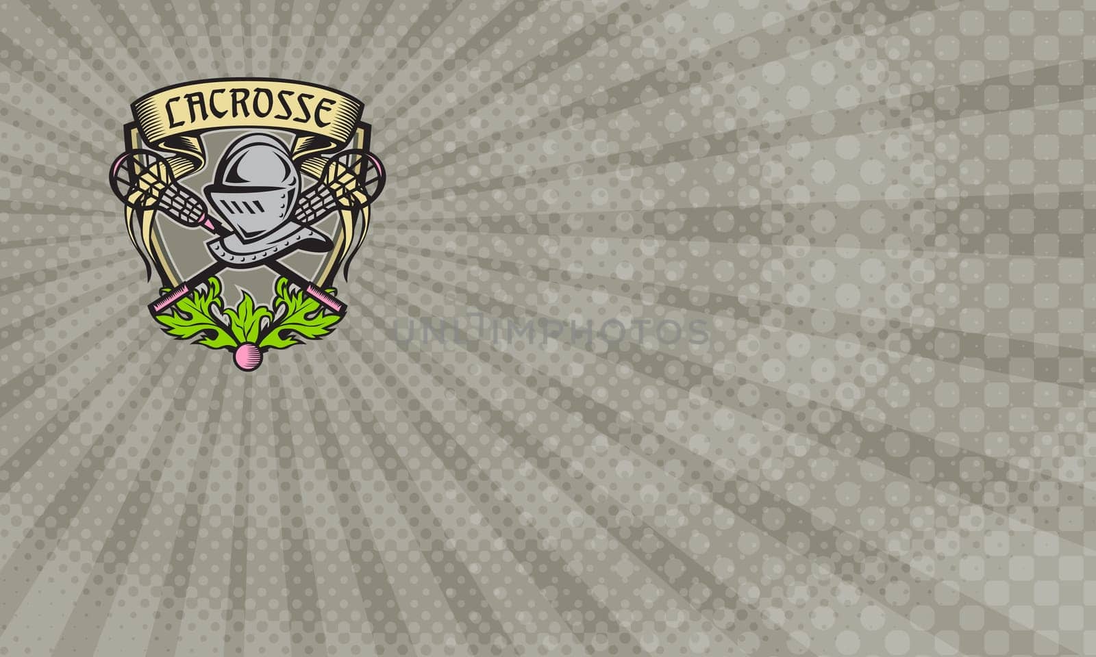 Business Card showing Illustration of a knight armor helmet with crossed lacrosse stick set inside shield crest with word text Lacrosse on top done in retro woodcut style......