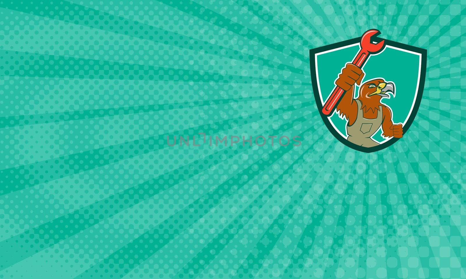 Business Card showing Illustration of a hawk mechanic raising up pipe spanner set inside shield crest on isolated background done in cartoon style. ...