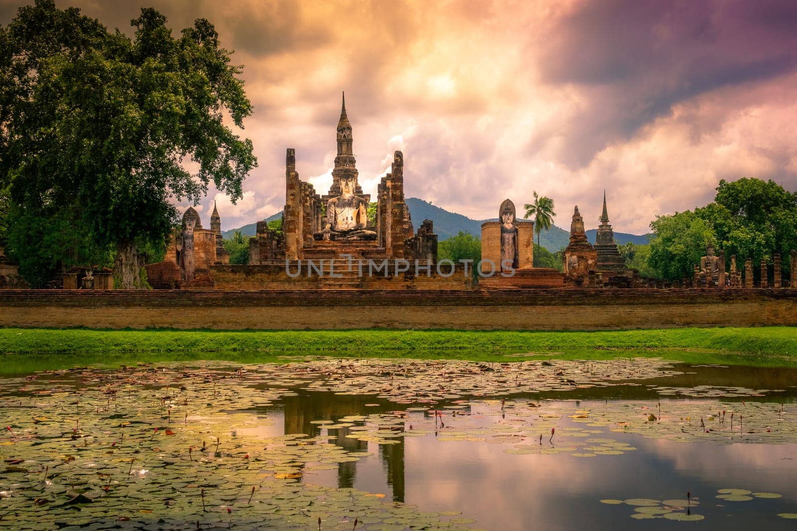 Sukhothai in Thailand,sunset at the historic ruins