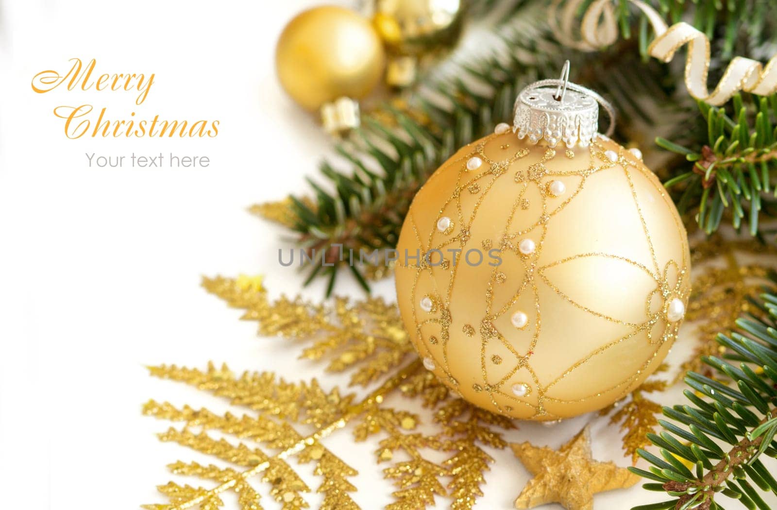 Golden Christmas ornaments border on white background