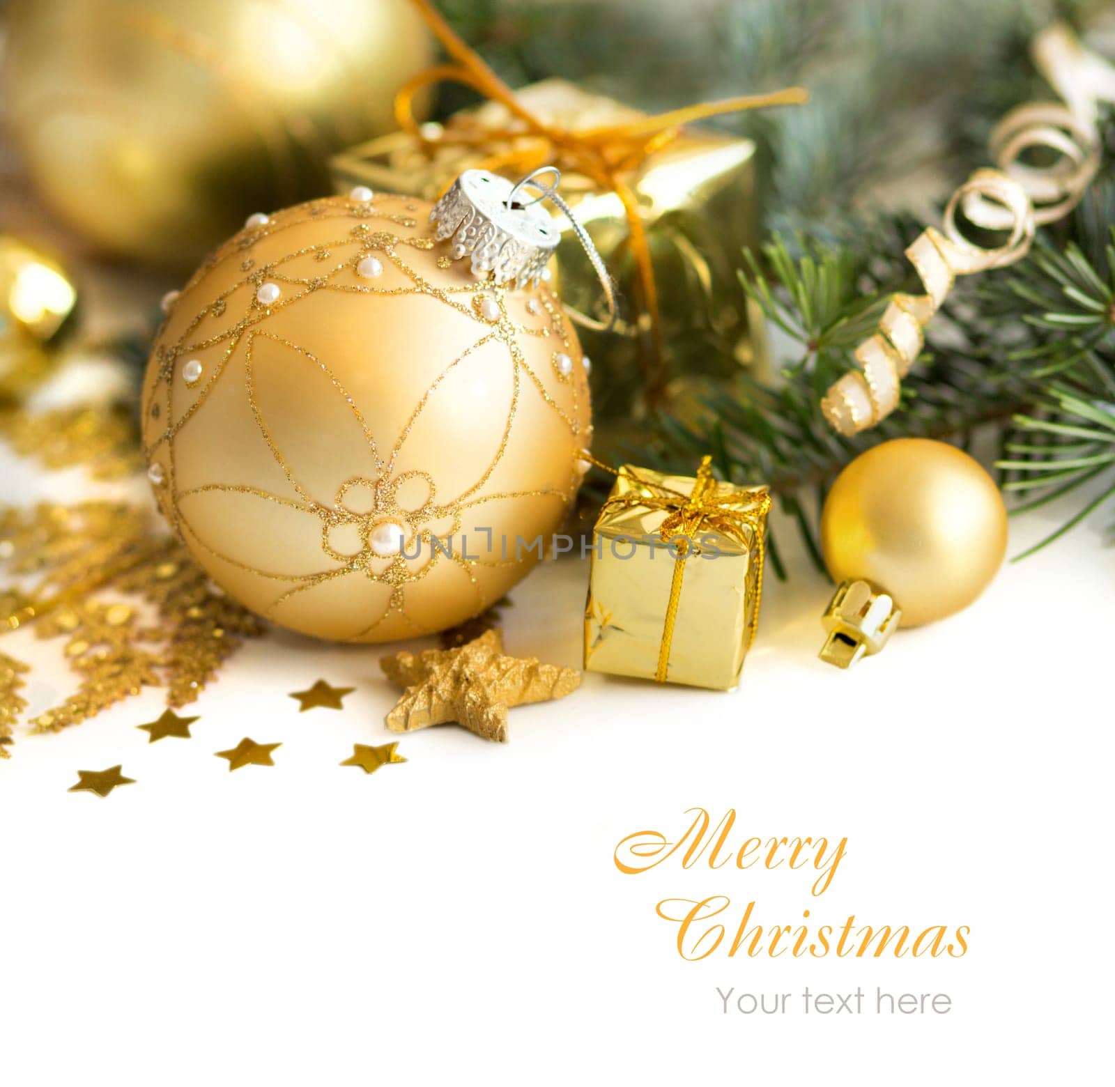 Golden Christmas ornaments border on white background