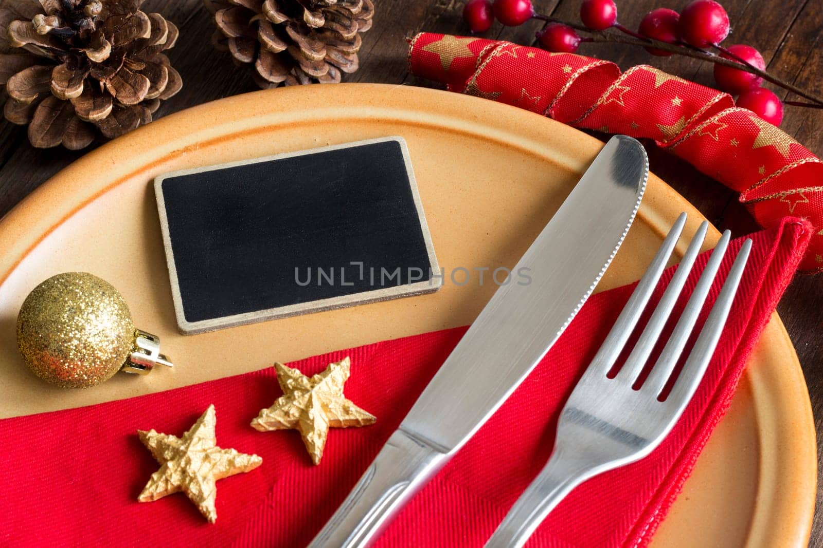 Festive table setting with small chalkboard close up