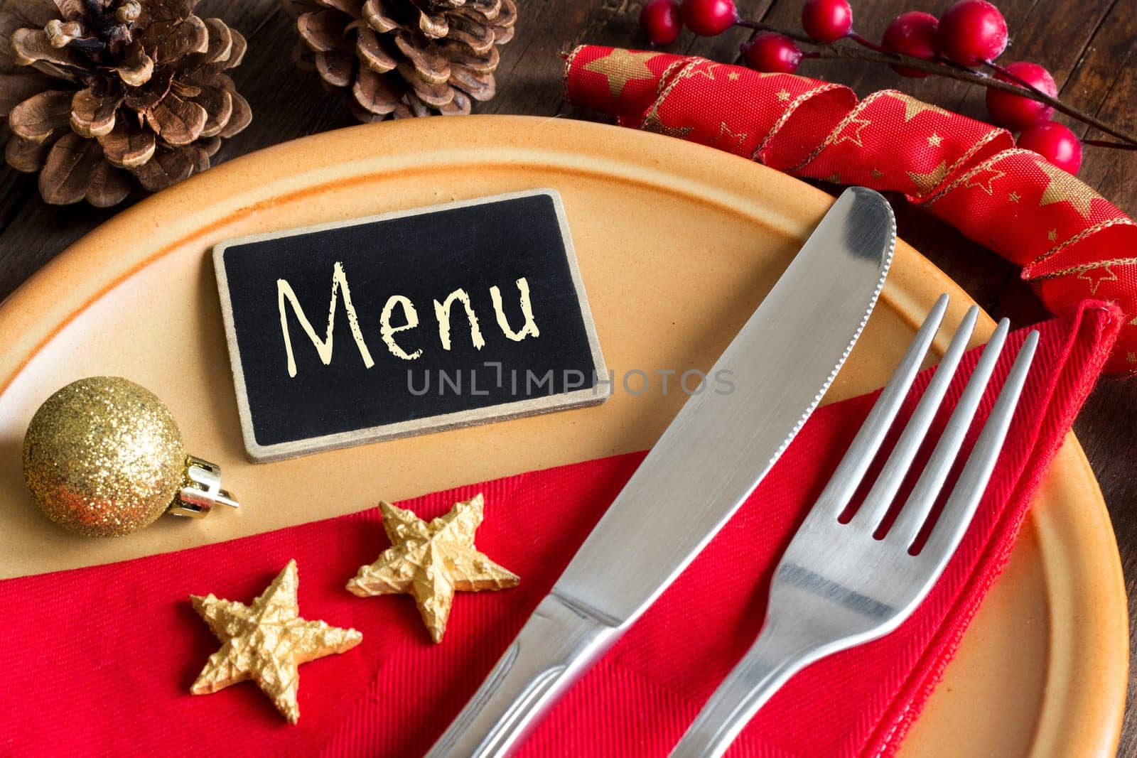 Festive table setting with small chalkboard close up
