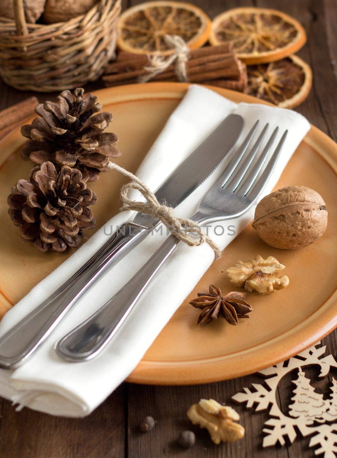Festive table setting with spices - rustic table setting
