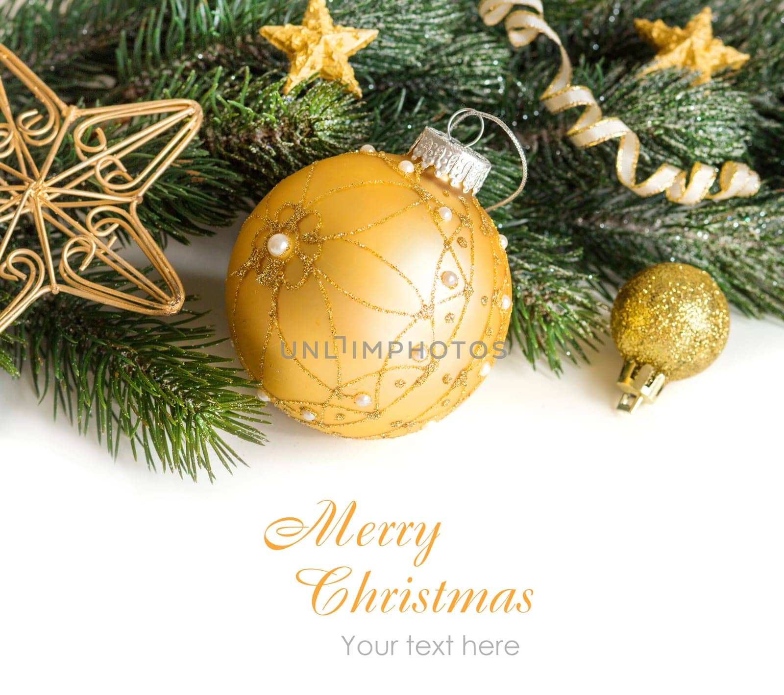 Festive decoration with golden bauble, stars and garland