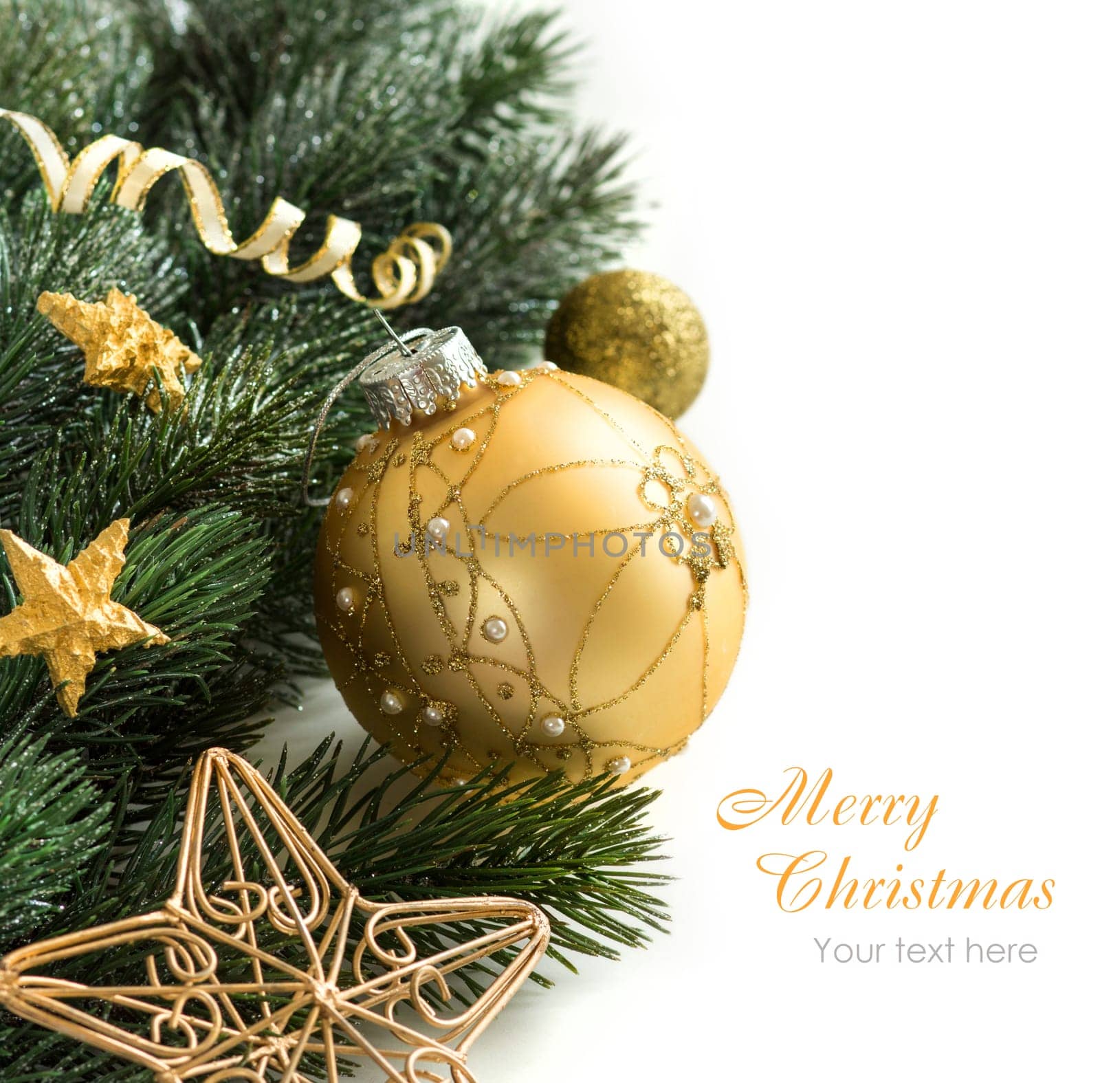 Festive decoration with golden bauble and garland