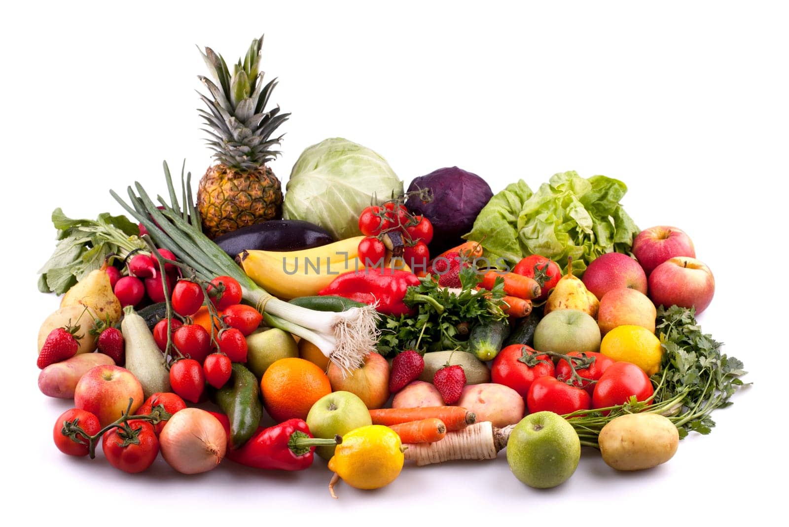 Collection of fruits and vegetables on white background.