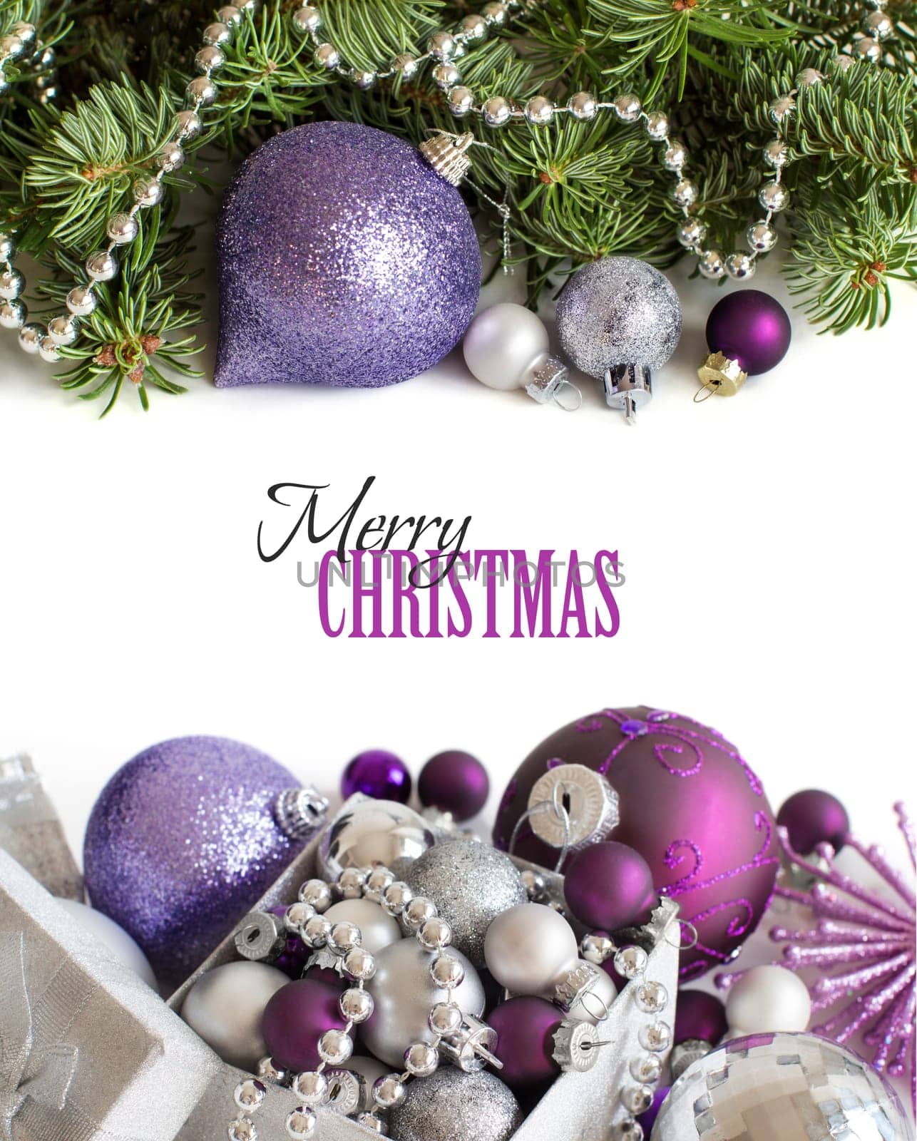 Silver and purple Christmas ornaments border on white background