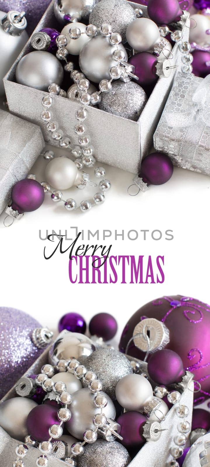 Silver and purple Christmas ornaments border on white background