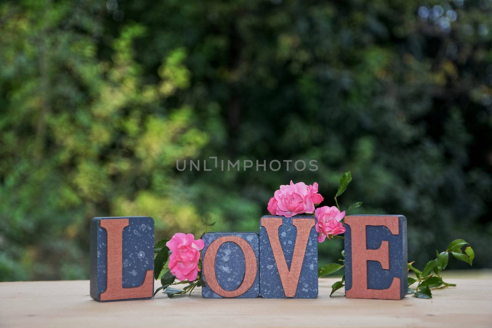 Building blocks with Love lettering with pink rose against a green natural background