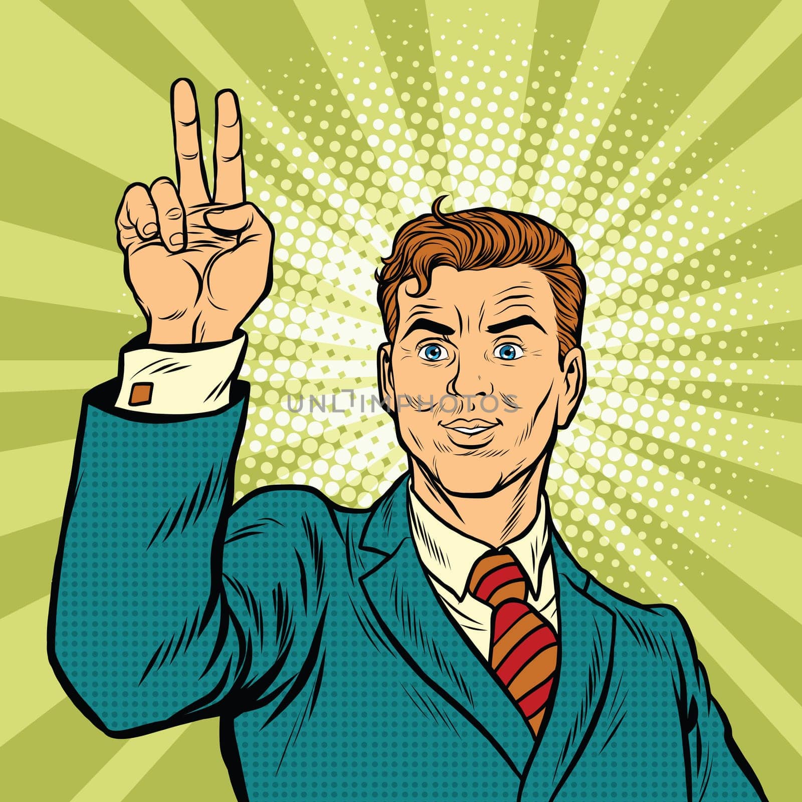 Male fingers of a hand shows the number one, pop art retro vector illustration. victory