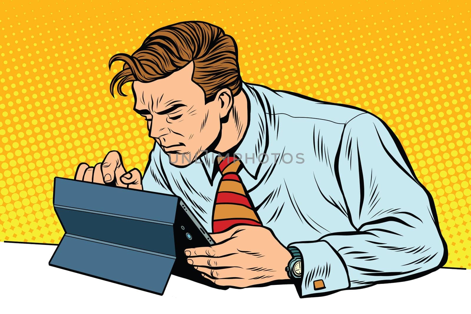 Businessman working on tablet, pop art retro vector illustration. Gadgets and the Internet