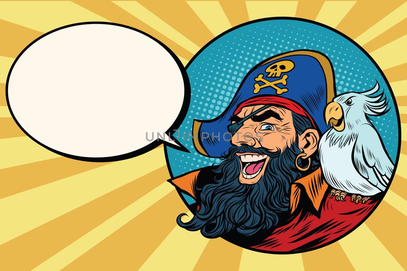 happy pirate with a parrot, pop art comic bubble, retro vector illustration