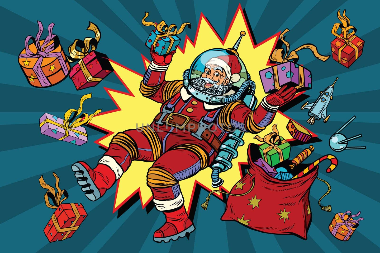 Space Santa Claus in zero gravity with Christmas gifts, pop art retro vector illustration. Comic background