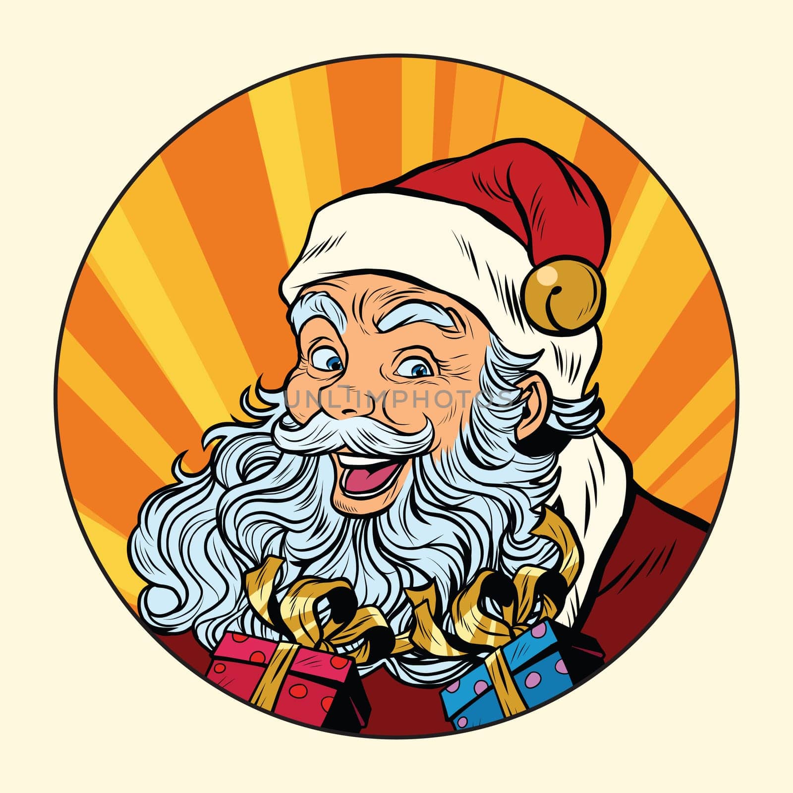 Joyful Santa Claus with gifts, pop art retro vector illustration