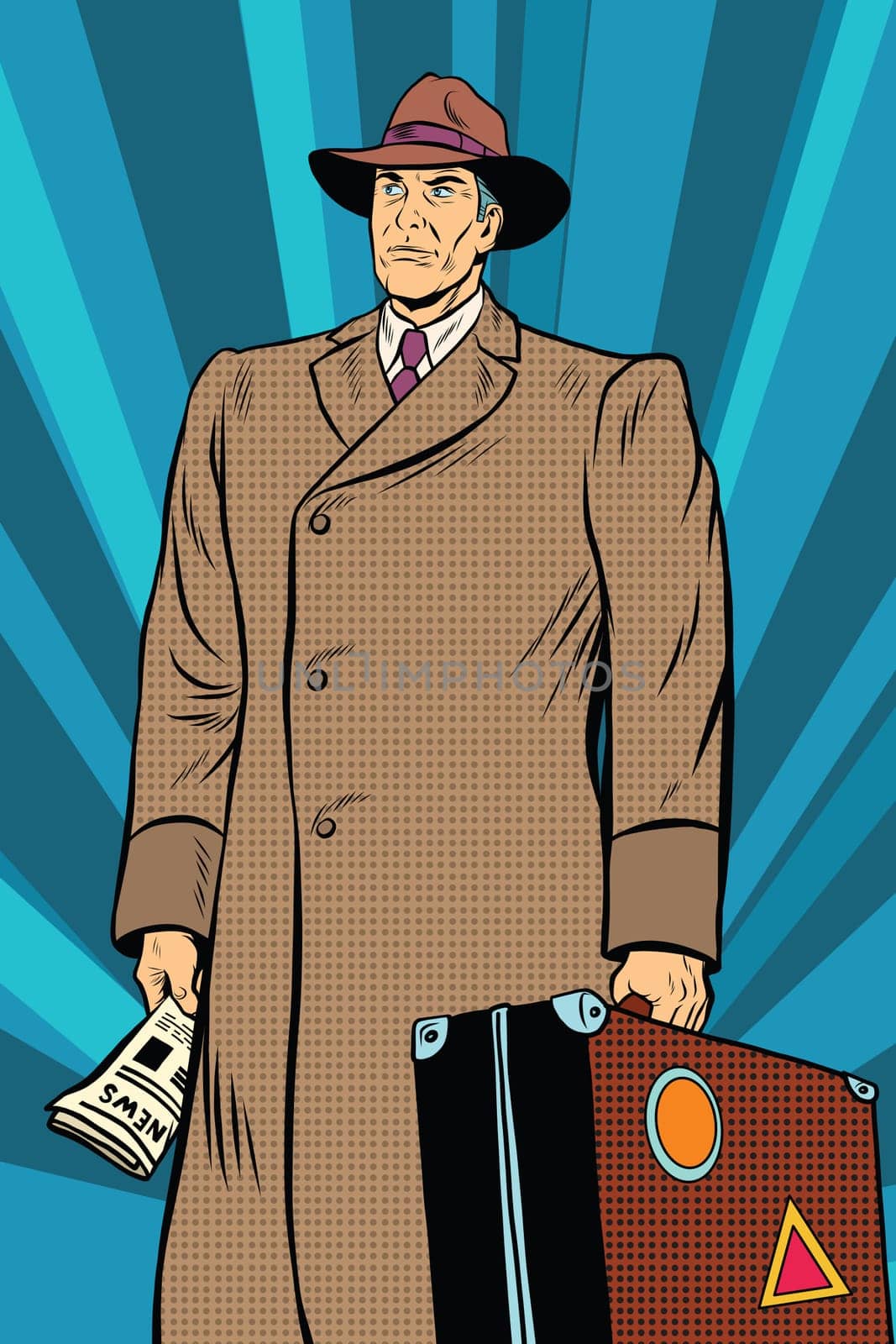 Retro man in cloak with suitcase, pop art retro vector illustration. Autumn clothing