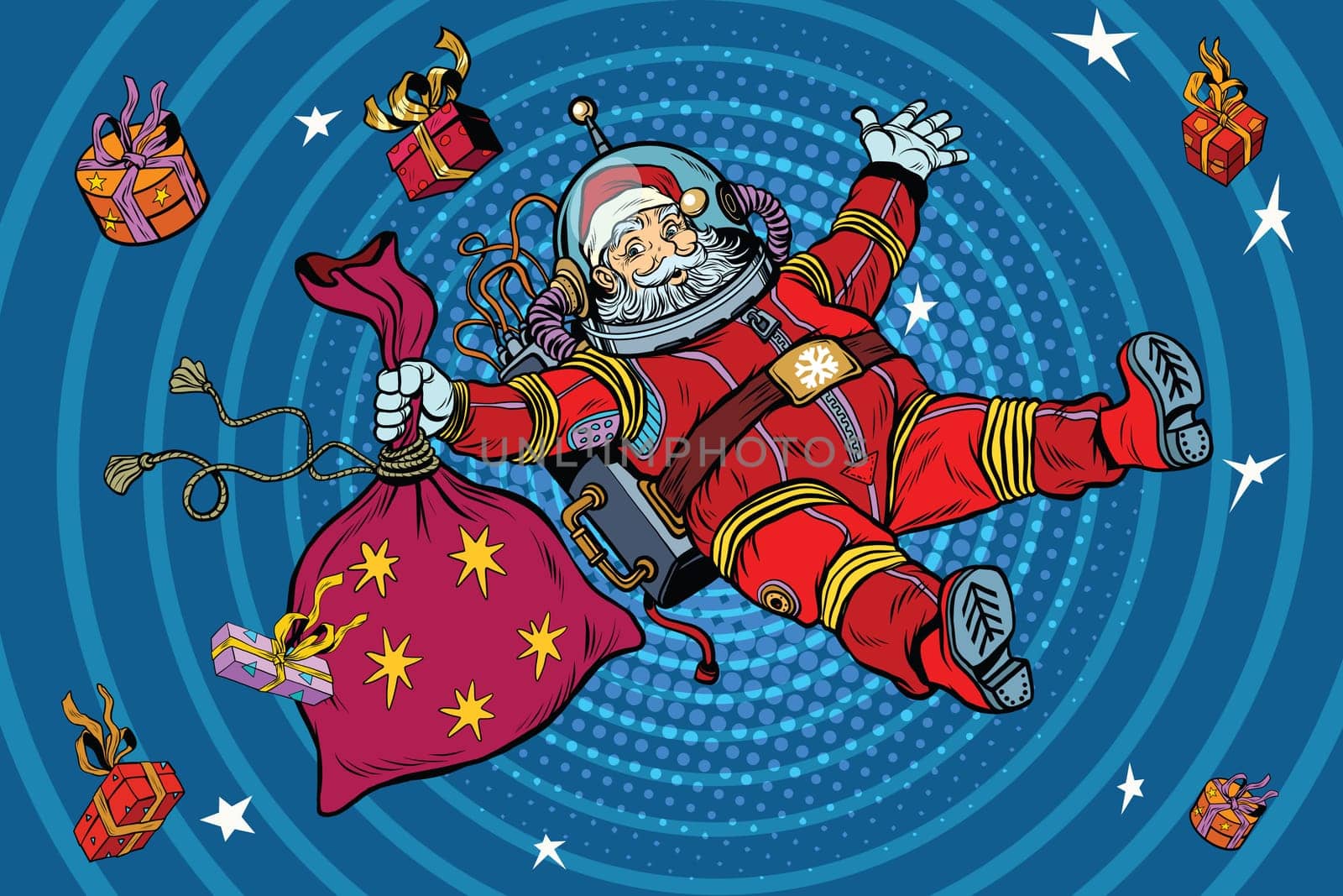 Space Santa Claus in zero gravity with Christmas gifts, pop art retro vector illustration. Blue cartoon circles background radiation