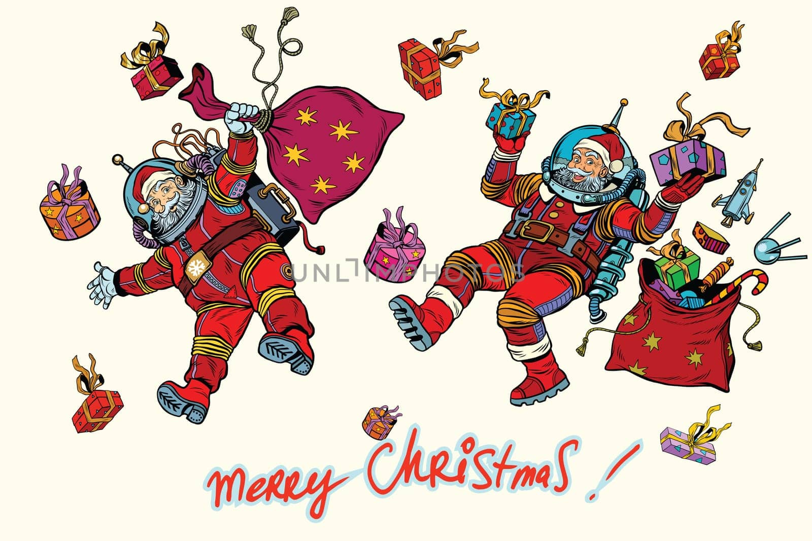 Space Santa Claus in zero gravity with Christmas gifts, pop art retro vector illustration. White background isolated