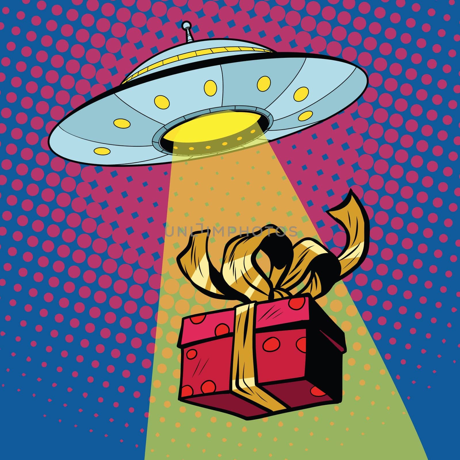 UFO abducts gift box, pop art retro vector illustration