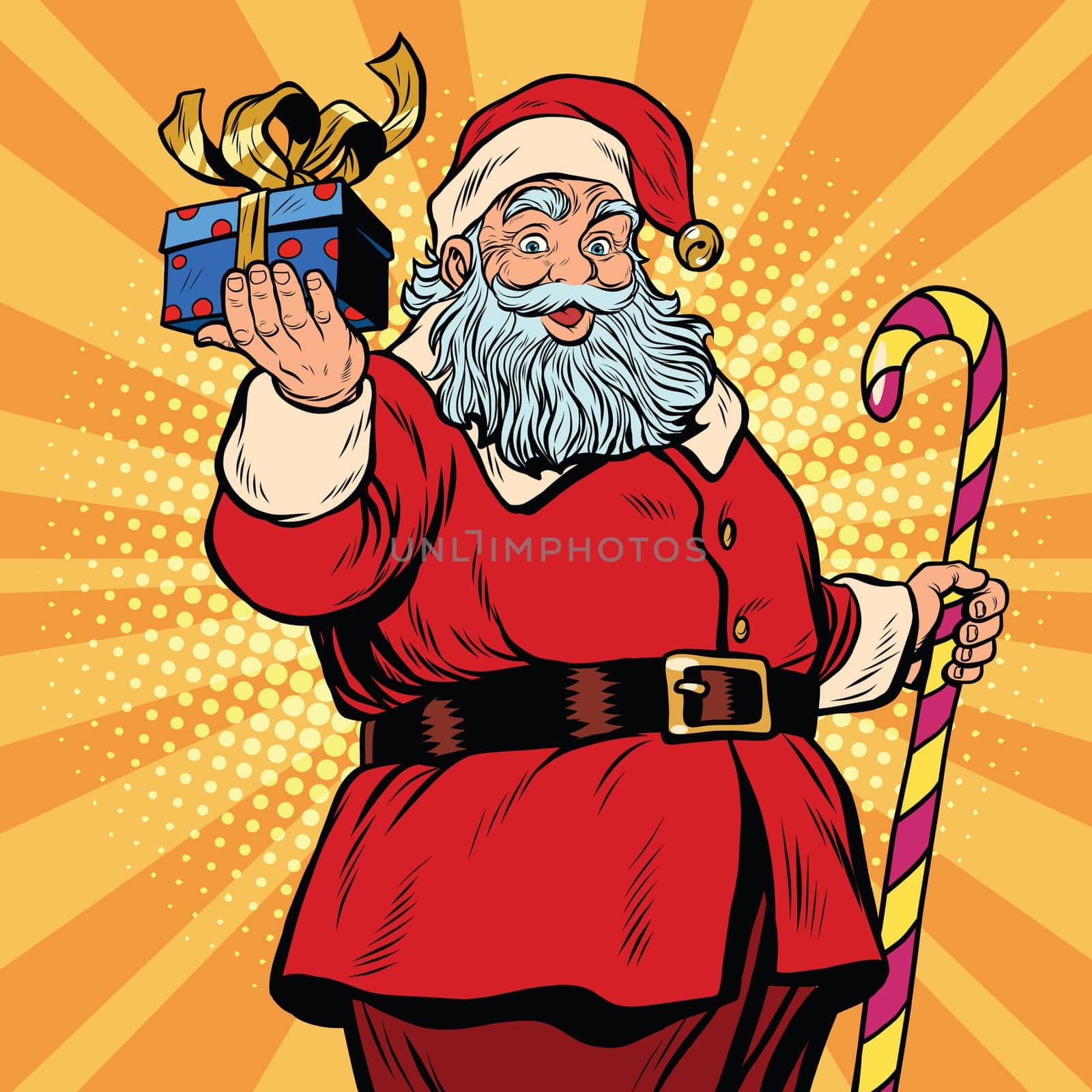 Santa Claus with a gift, Christmas and new year. pop art retro vector illustration. Fairy tale character
