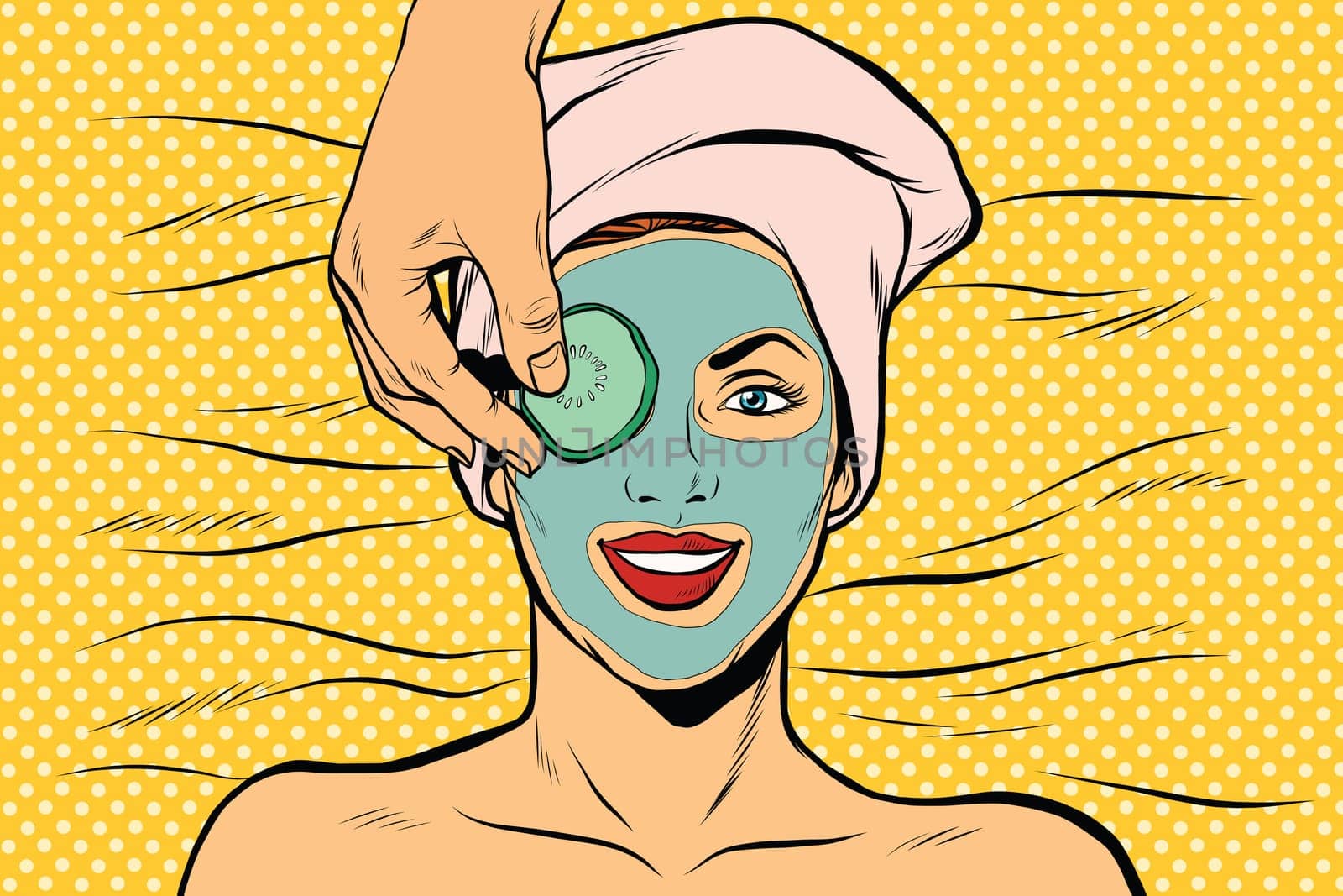 Cucumber mask on woman face, skin beauty, pop art retro vector illustration