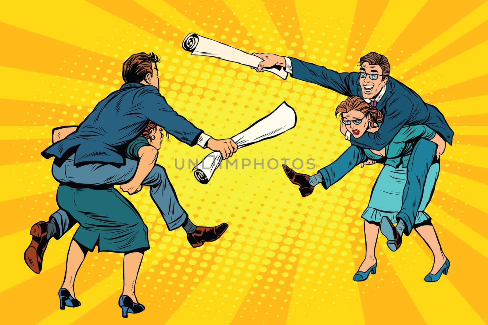 Business people office battle, men riding women, pop art retro vector illustration. Gender inequality