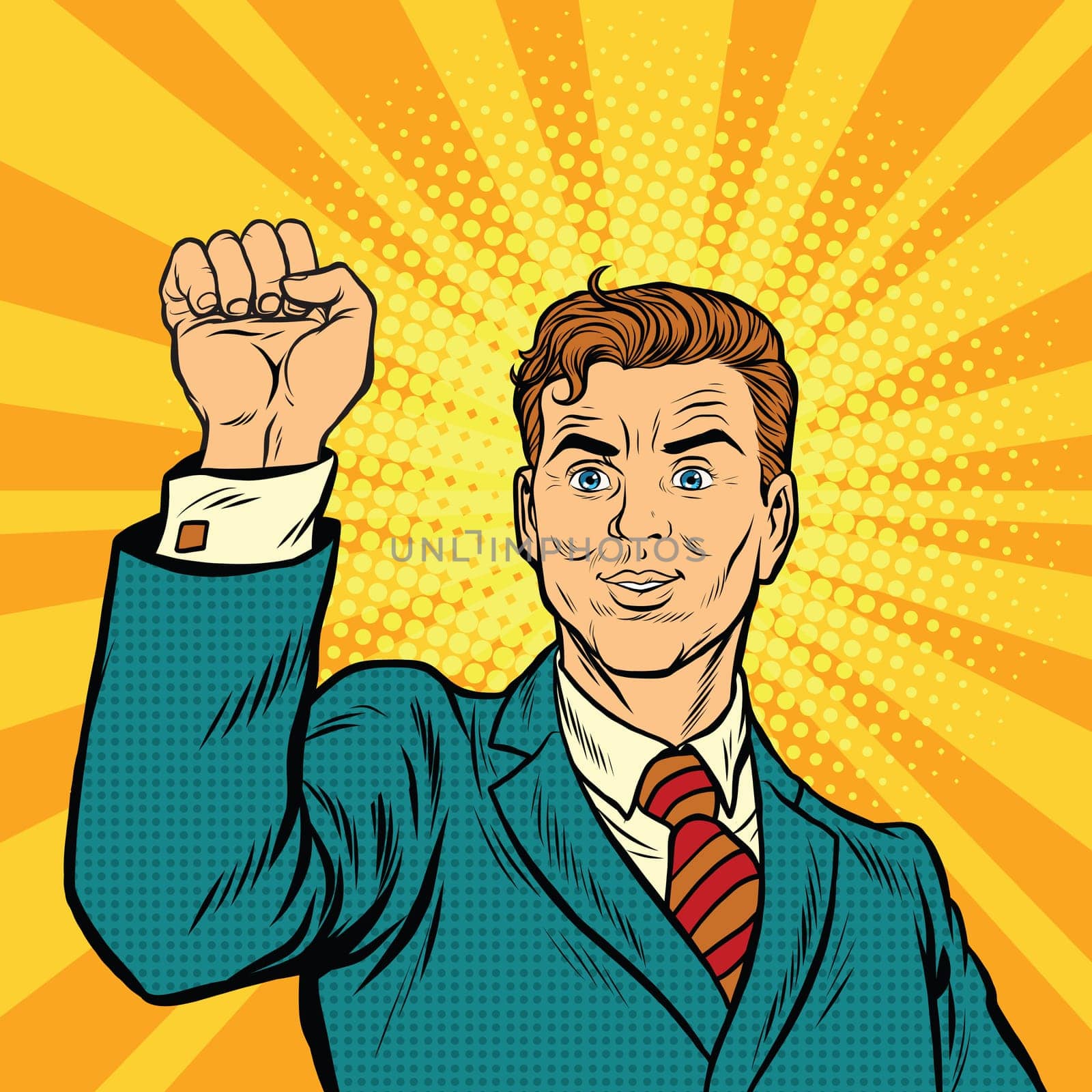Businessman with fist, pop art protest, retro vector illustration. A symbol of unity