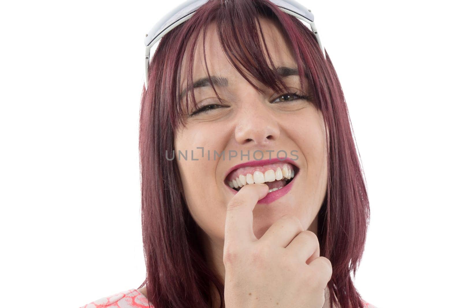 portrait of beautiful young woman with red hairs, on white background