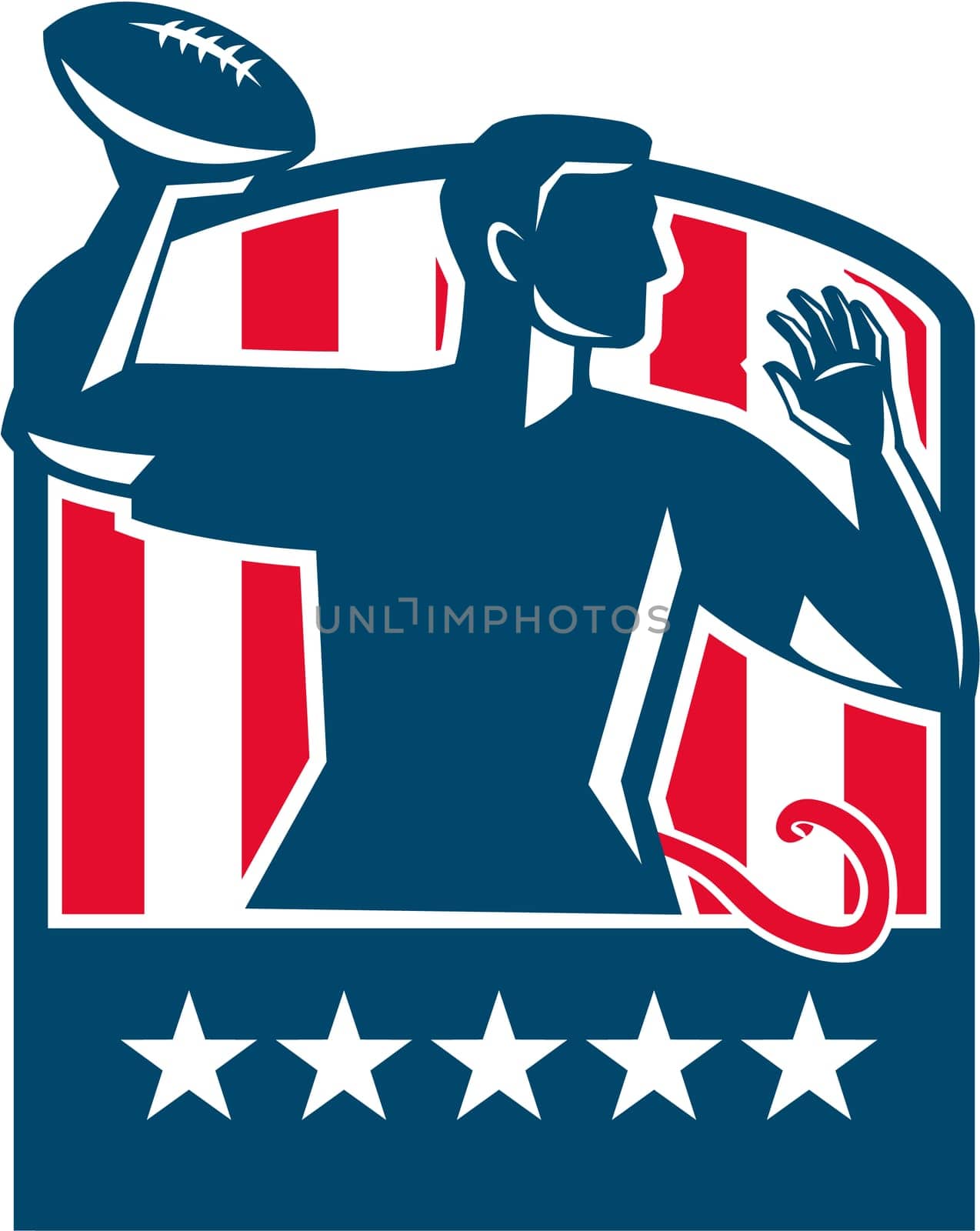 Illustration of a flag football player QB passing ball viewed from the side set inside shield crest with usa american stars and stripes flag in the background done in retro style.