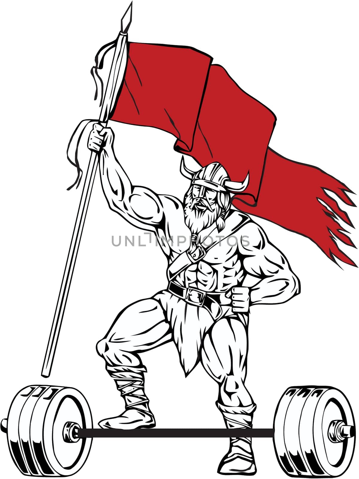 Illustration of a norseman viking warrior raider barbarian with beard wearing horned helmet stepping on barbell waving red flag viewed from front set on isolated white background done in retro style.