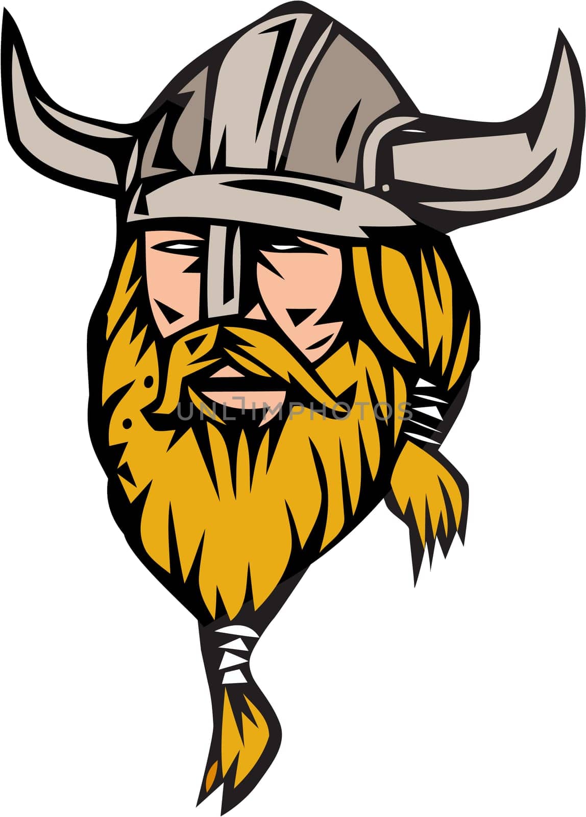 Illustration of a norseman viking warrior raider barbarian head with beard wearing horned helmet viewed from front set on isolated white background done in retro style.
