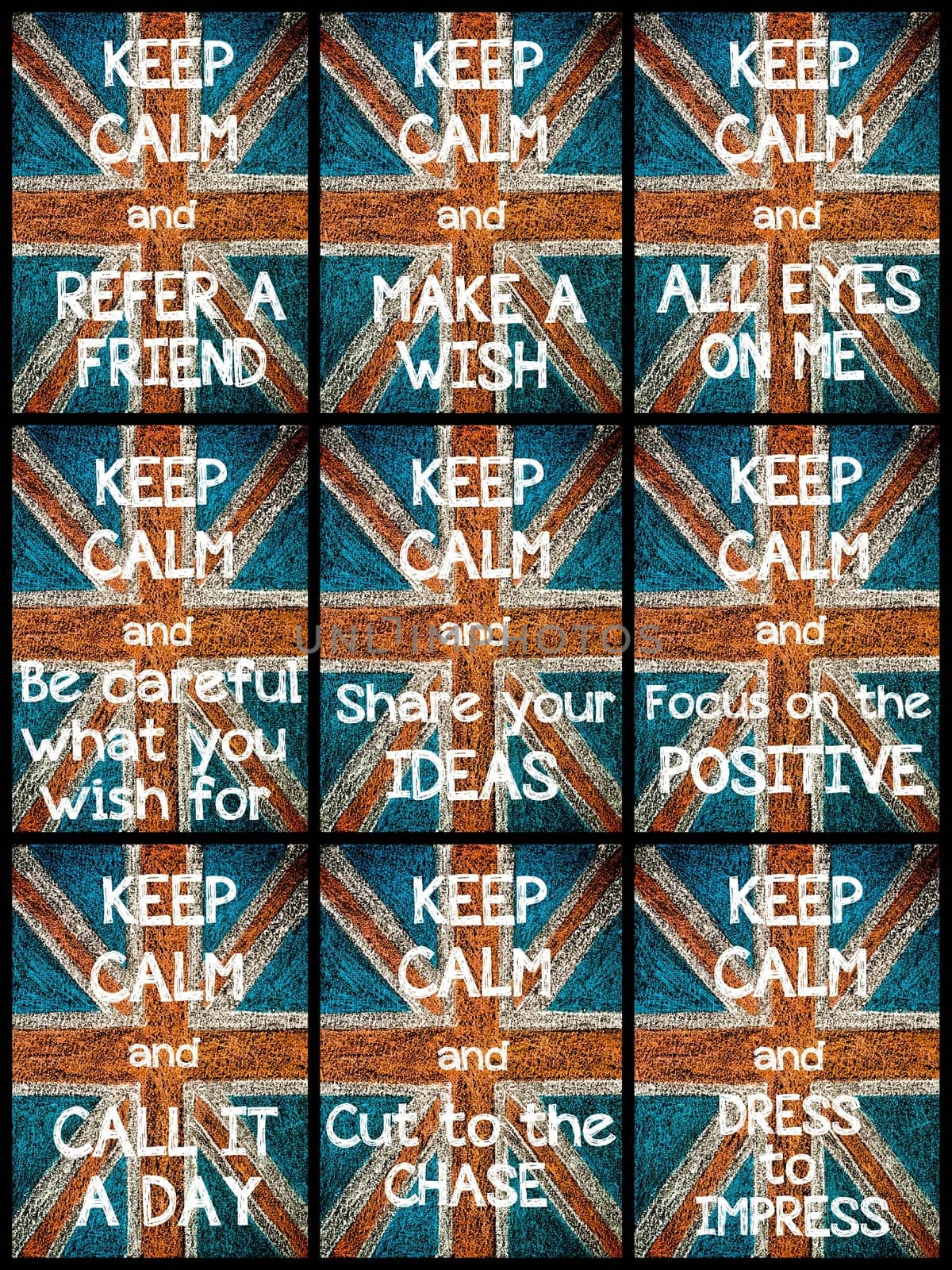 Photo collage of various Keep Calm Messages. United Kingdom (British Union jack) flag, vintage hand drawing with chalk on blackboard, lifestyle concept