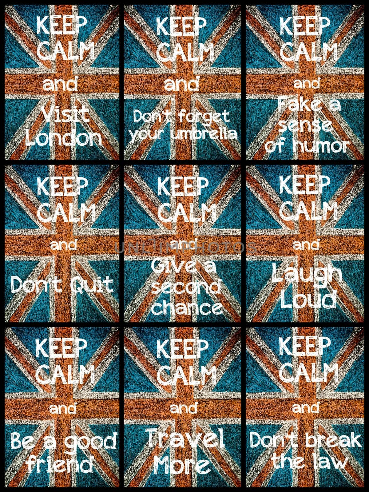 Photo collage of various Keep Calm Messages. United Kingdom (British Union jack) flag, vintage hand drawing with chalk on blackboard, lifestyle concept