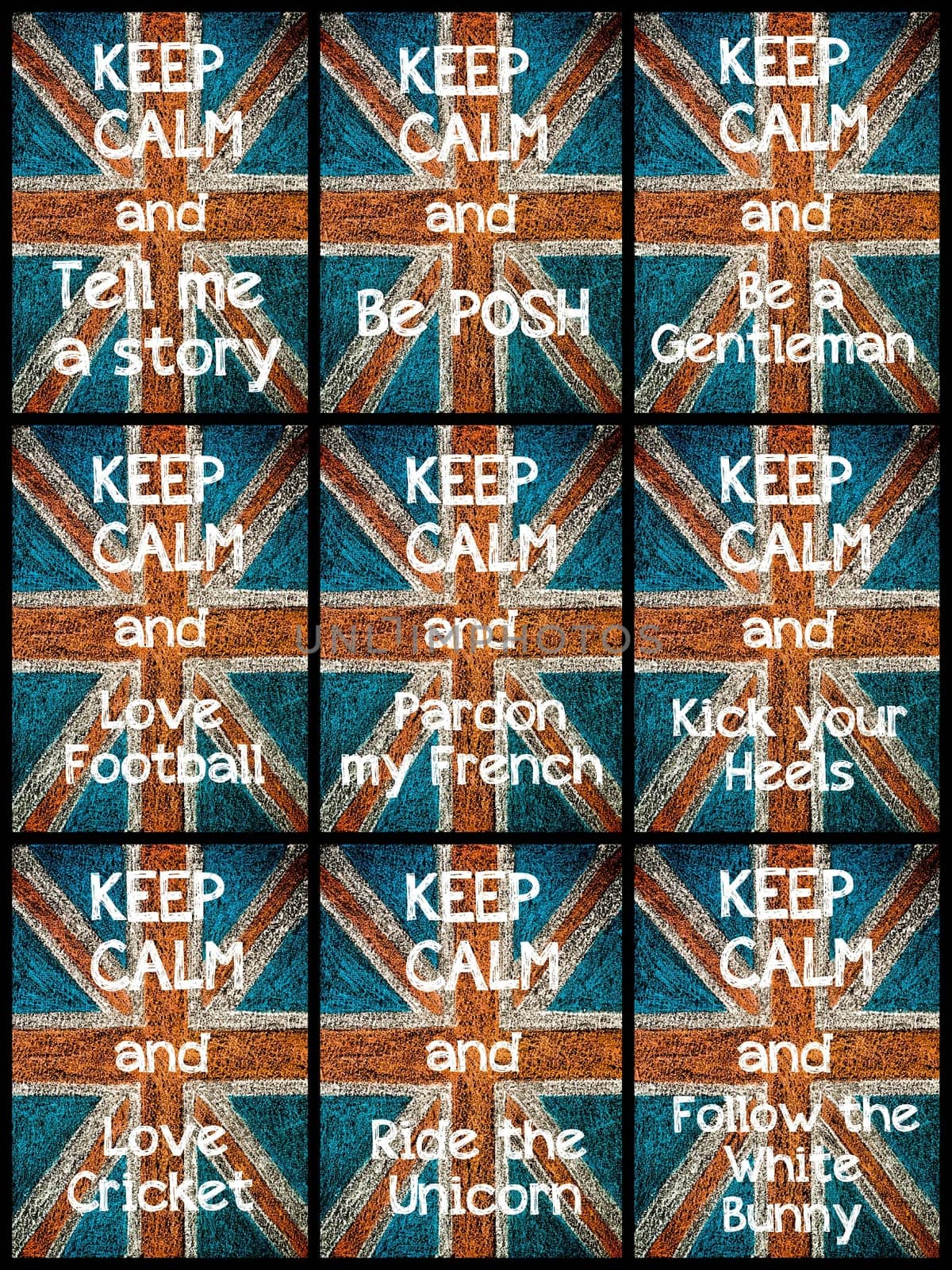 Photo collage of various Keep Calm Messages. United Kingdom (British Union jack) flag, vintage hand drawing with chalk on blackboard, lifestyle concept