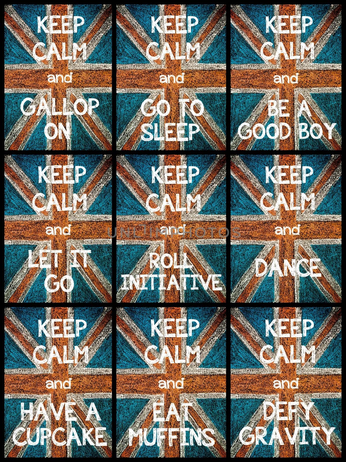 Photo collage of various Keep Calm Messages. United Kingdom (British Union jack) flag, vintage hand drawing with chalk on blackboard, lifestyle concept