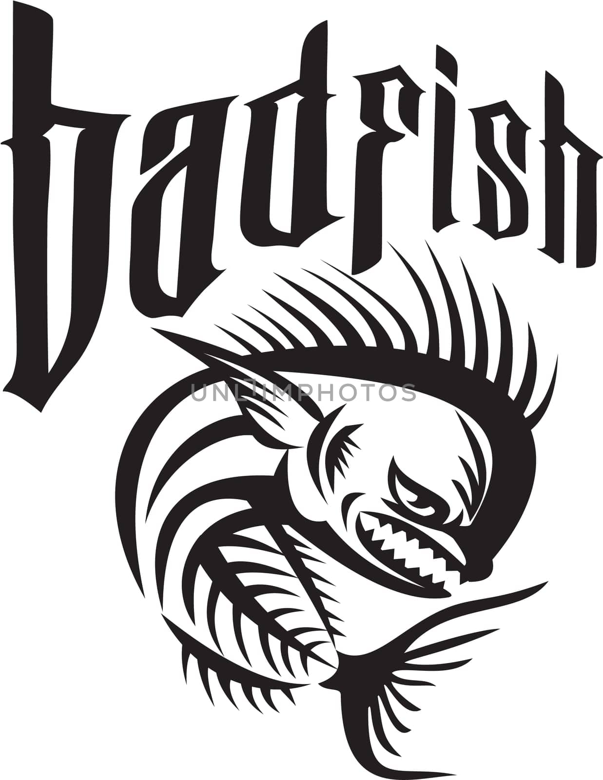 Illustration of a skeleton of an angry dorado dolphin fish mahi-mahi viewed from the side set on isolated white background with the words text badfish done in retro style.