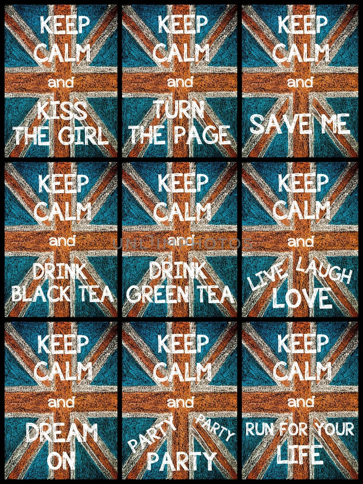 Photo collage of various Keep Calm Messages. United Kingdom (British Union jack) flag, vintage hand drawing with chalk on blackboard, lifestyle concept