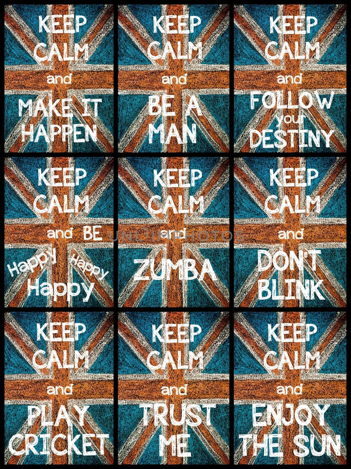 Photo collage of various Keep Calm Messages. United Kingdom (British Union jack) flag, vintage hand drawing with chalk on blackboard, lifestyle concept
