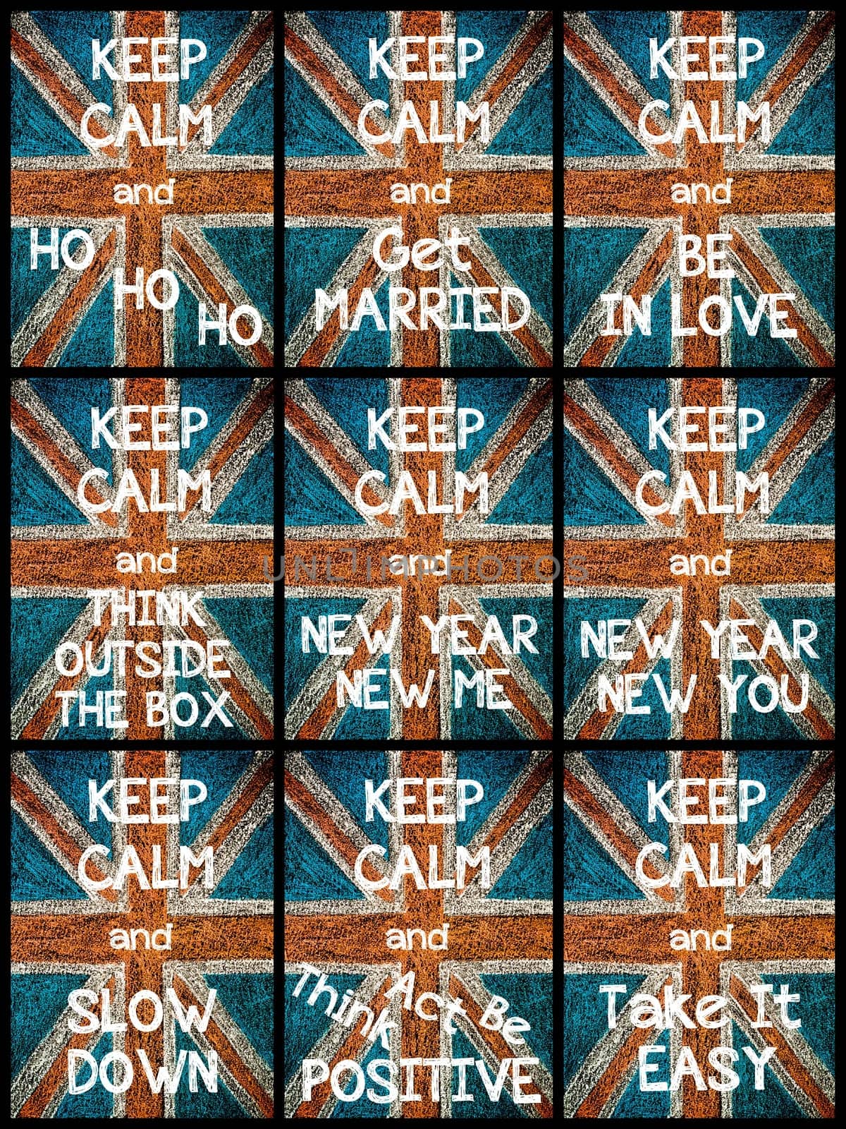 Photo collage of various Keep Calm Messages. United Kingdom (British Union jack) flag, vintage hand drawing with chalk on blackboard, lifestyle concept