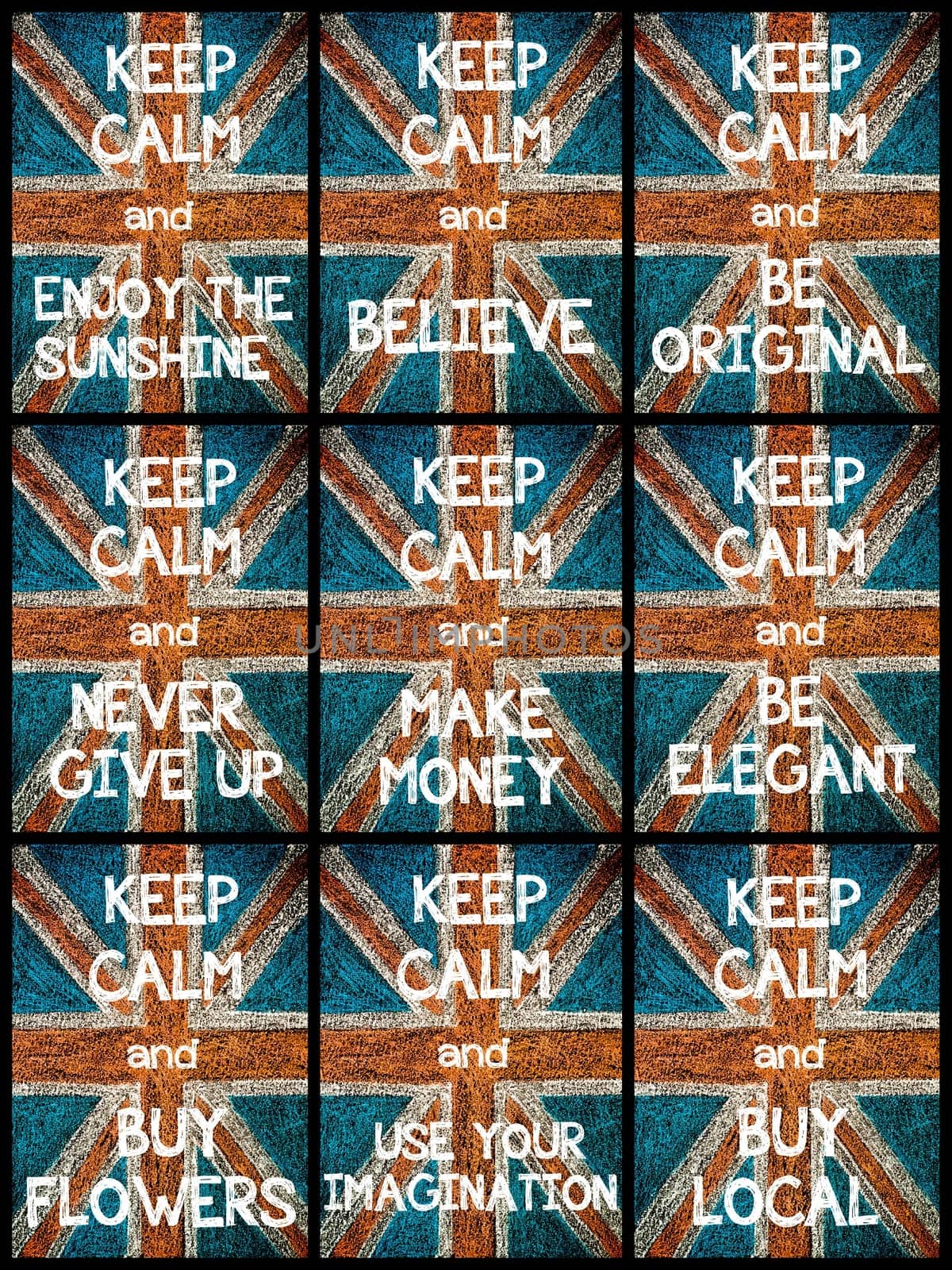 Photo collage of various Keep Calm Messages. United Kingdom (British Union jack) flag, vintage hand drawing with chalk on blackboard, lifestyle concept