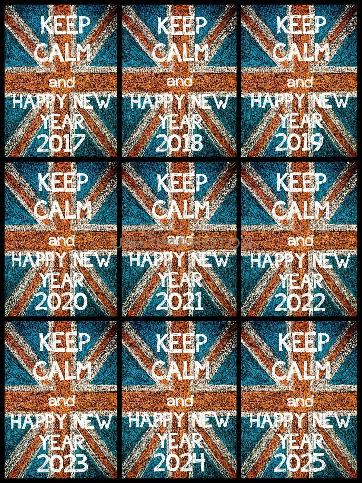 Photo collage of various Keep Calm Messages. United Kingdom (British Union jack) flag, vintage hand drawing with chalk on blackboard, lifestyle concept