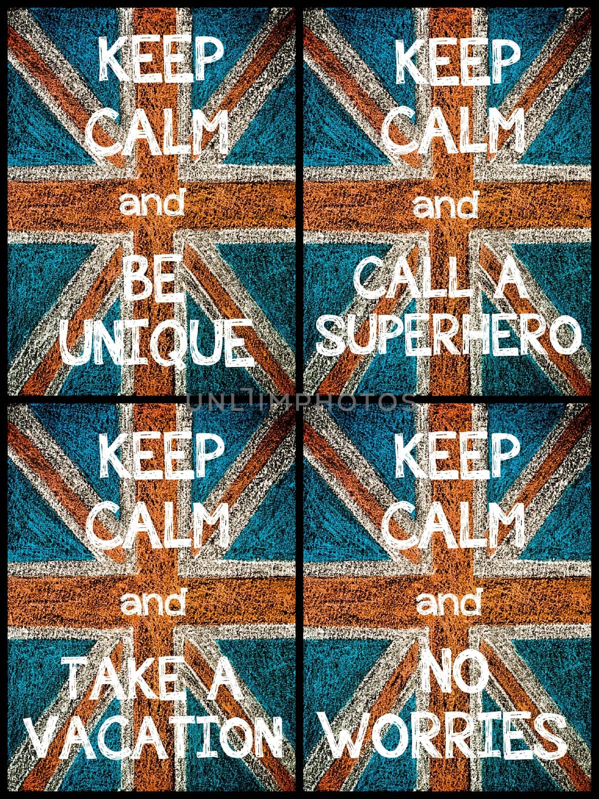 Photo collage of various Keep Calm Messages. United Kingdom (British Union jack) flag, vintage hand drawing with chalk on blackboard, lifestyle concept