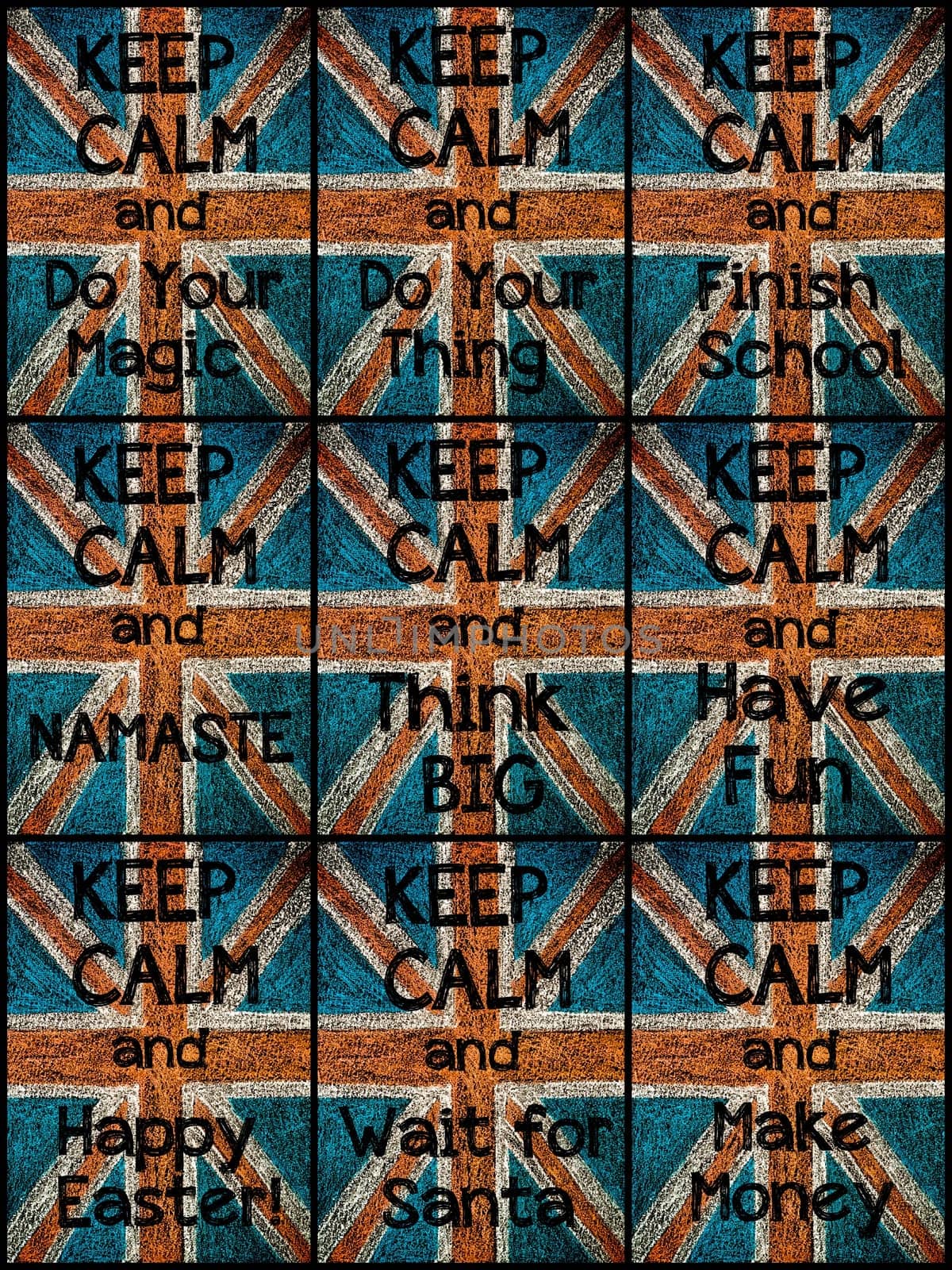 Photo collage of various Keep Calm Messages. United Kingdom (British Union jack) flag, vintage hand drawing with chalk on blackboard, lifestyle concept