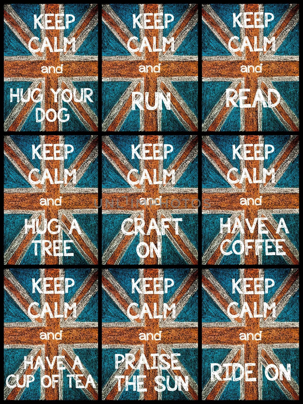 Photo collage of various Keep Calm Messages. United Kingdom (British Union jack) flag, vintage hand drawing with chalk on blackboard, lifestyle concept