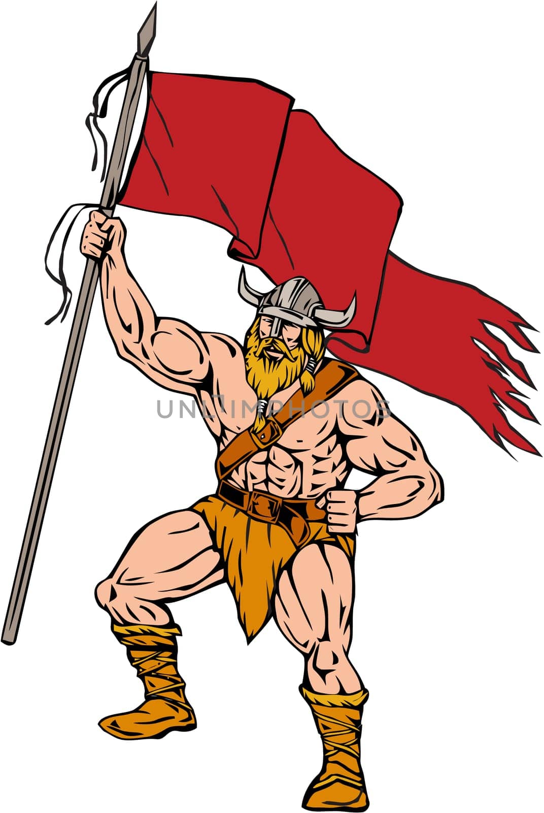 Illustration of a norseman viking warrior raider barbarian wearing horned helmet with beard holding brandishing red flag viewed from front set on isolated white background done in retro style.