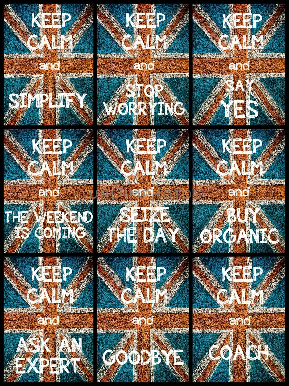 Photo collage of various Keep Calm Messages. United Kingdom (British Union jack) flag, vintage hand drawing with chalk on blackboard, lifestyle concept