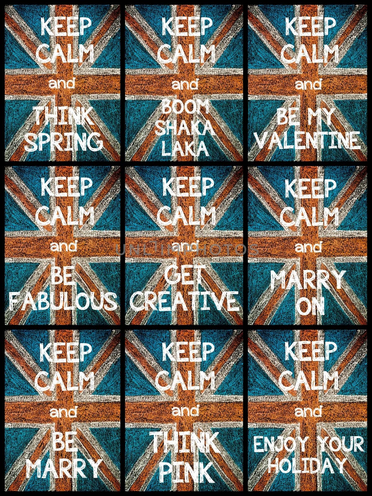 Photo collage of various Keep Calm Messages. United Kingdom (British Union jack) flag, vintage hand drawing with chalk on blackboard, lifestyle concept