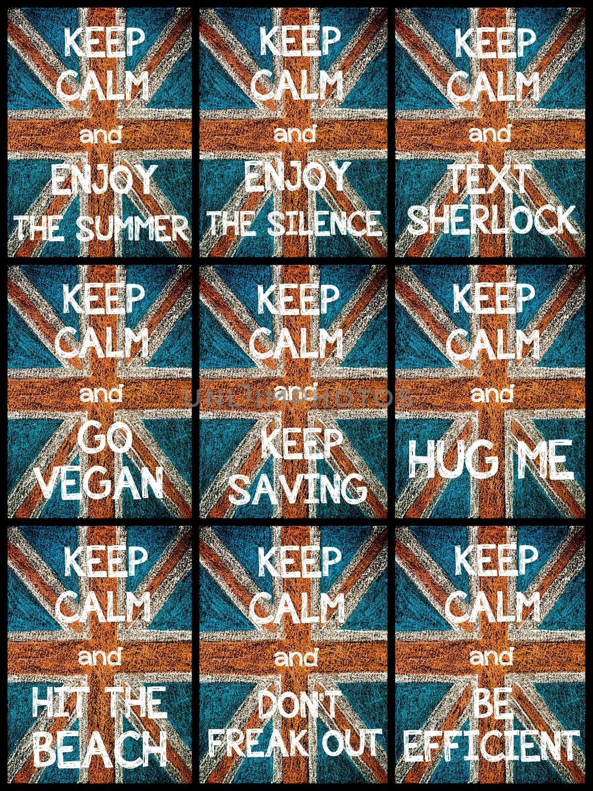 Photo collage of various Keep Calm Messages. United Kingdom (British Union jack) flag, vintage hand drawing with chalk on blackboard, lifestyle concept