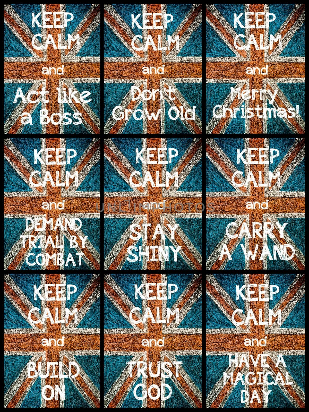 Photo collage of various Keep Calm Messages. United Kingdom (British Union jack) flag, vintage hand drawing with chalk on blackboard, lifestyle concept